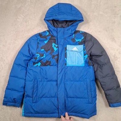 Adidas Jacke Jungen M 11-12 Jahre blau Kapuze Puffer Daunen Federn Wintermantel