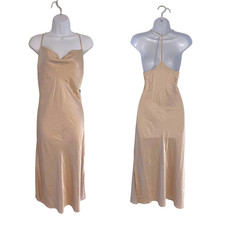 NWT Express Size L Champagne Beige Satin Slip Dress Cowl Neck Elegant Gown Midi