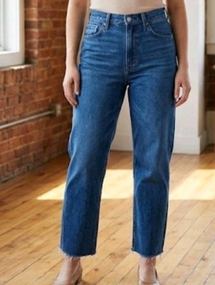 Quince Bella High Rise Relaxed Straight Jeans 24'' Inseam Raw Hem Size 28 Medium