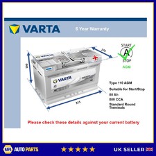 AGM Car Battery A6 Varta 110 AGM 800A 80Ah 5Yr Warranty 315x175x190 Start Stop