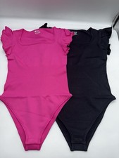 OQQ Women 2 Piece Bodysuits Ribbed Square Neck Ruffles Sleeve Stretch Fit Medium
