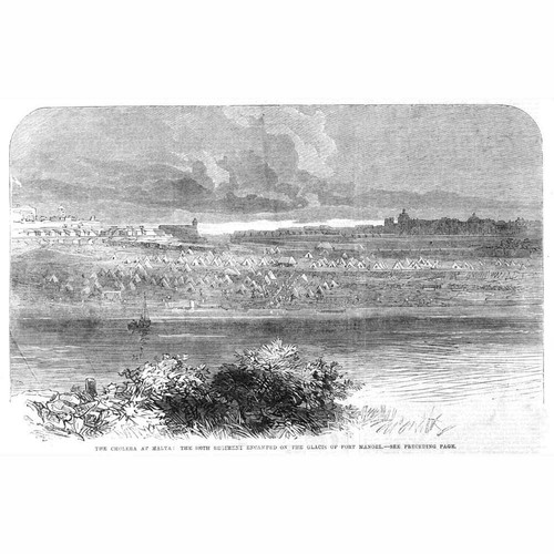 MALTA Cholera Outbreak 100th Regiment Camped at Fort Manoel - Antique Print 1865