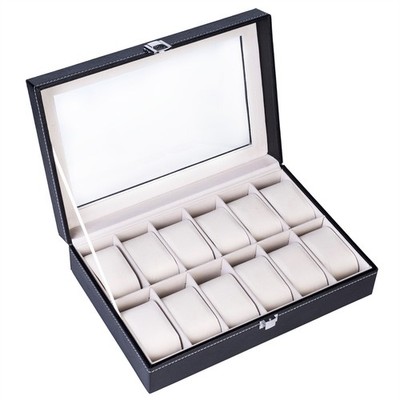 12 Compartments Top-level Opening Style Leather Watch Collection Box Case NEW
