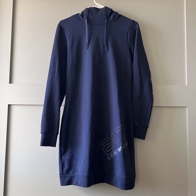 EMPORIO ARMANI EA7 Hoodie Sweatshirt Dress Women Small Jersey Navy Blue Luxury