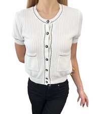 CHANEL Vintage 96P CC Logo Rib Knit Cardigan Top 40 Short Sleeve White Cotton