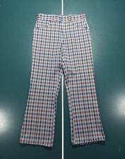 Vtg 70s Montgomery Ward Disco Flare Pants 33x30 High Rise Red Blue Plaid Check