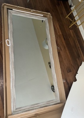 Modern Full-Length Beige Wood Framed Mirror, 66x32in Rectangle, Wall/Freestandi 