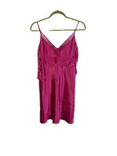 Vintage Y2K Womens Medium Pink Satin Lace Slip Dress Baby Doll Coquette Rave