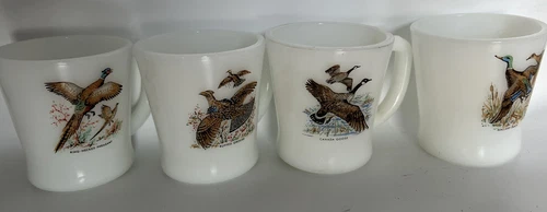 Vintage 4 Fire King Coffee Mugs Fowl Ducks Pheasant Geese Grouse Retro