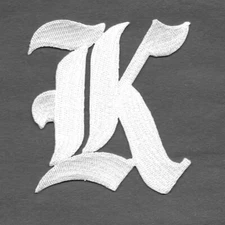 3" Fancy White Old English Alphabet Letter K Embroidered Patch