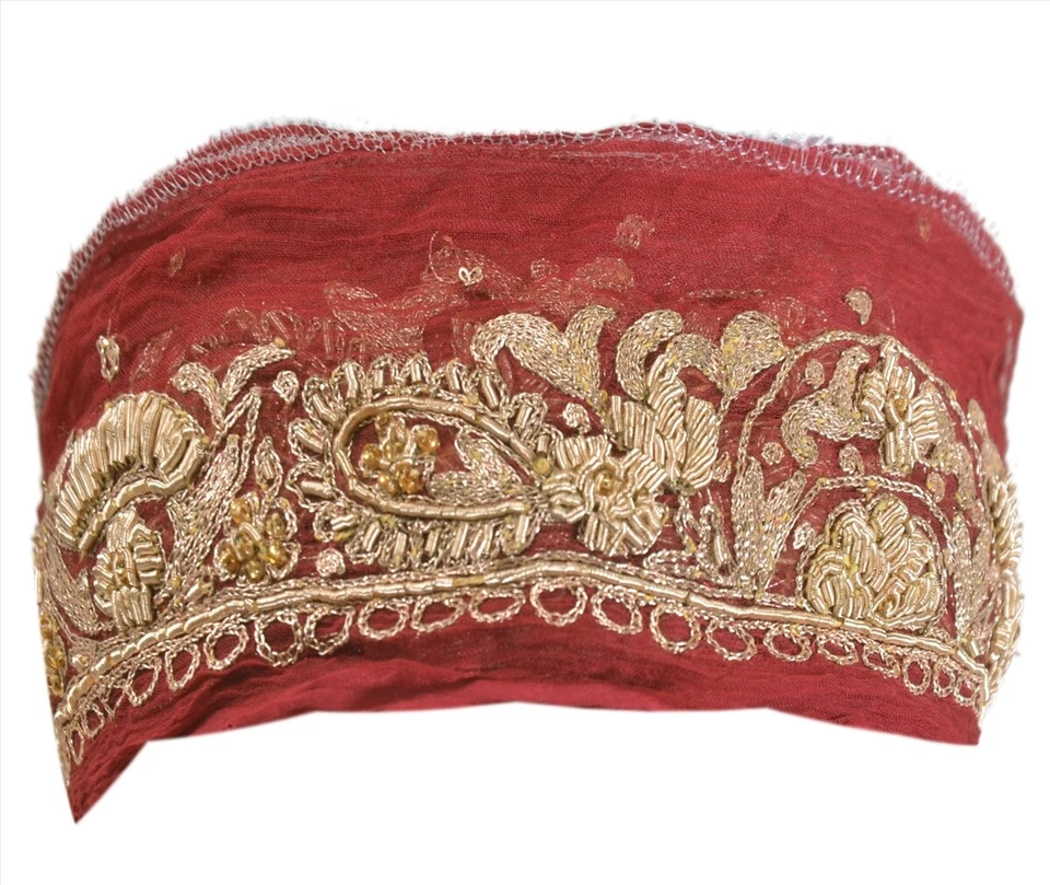 Borde de sari vintage sánscrito con cuentas artesanales adornos Zari cinta de 1 yarda granate Foto 2 de 4