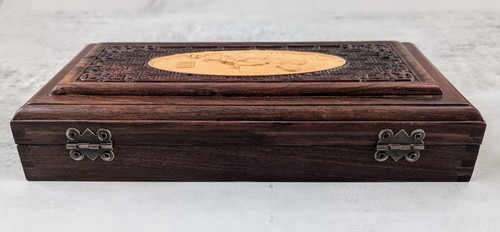 Vintage Chinese Rosewood Carved Jewelry Box w/ Carved Mandarin Duck Medallion - Picture 2 of 12