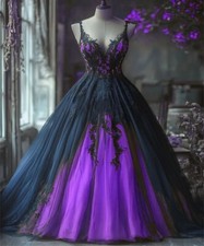 Gothic Black And Purple Wedding Dresses Spaghetti Straps Applique Bridal Gowns