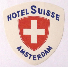Vintage Hotel Suisse Amsterdam Shield Luggage Label 3.75"H