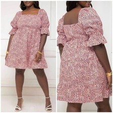 ELOQUII Elements Smocked Bodice Dress Pink Puff Sleeves Size 16 Square Neckline