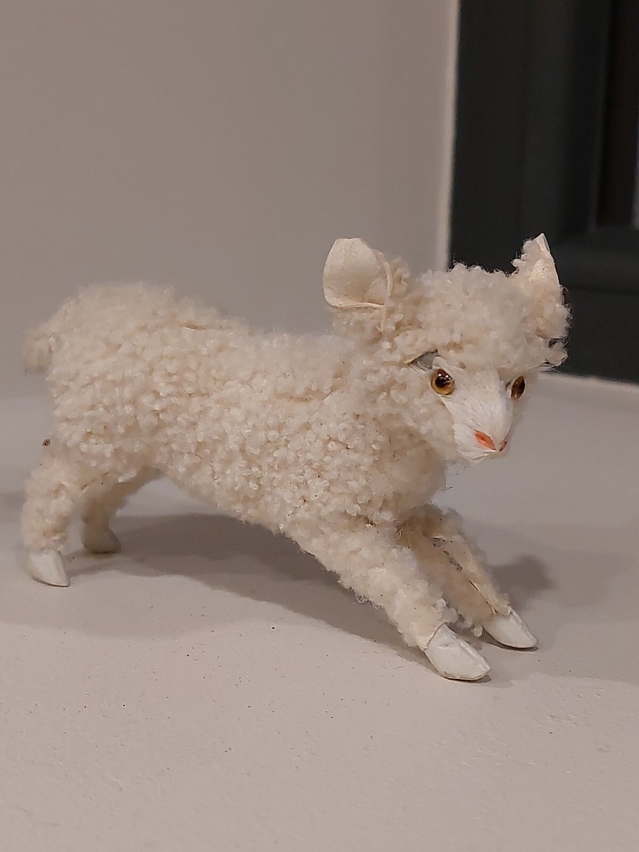 Très rare mouton papier mâché recouvert de peau yeux sulfure Jouet