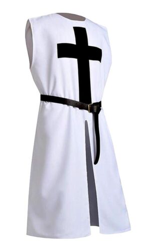 The Medieval Men's White Tunic sleeveless Outwear Dress With Black Templar - Afbeelding 1 van 4
