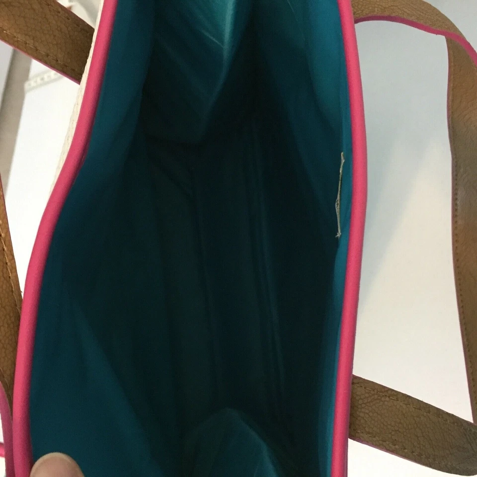 Bolso de Mano Neiman Marcus Turquesa Blanco Tejido Grande Abierto Borde Rosa Nuevo sin Etiquetas Foto 3 de 4