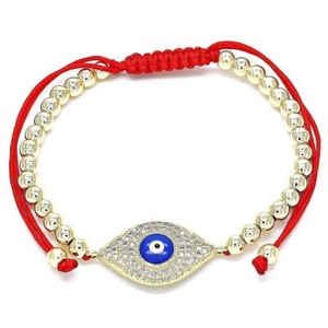 Authentic 14K Gold Plated RED STRING Adjustable Bracelet CZ Pave Blue Evil Eye Protection