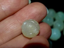 Vintage Carved Chinese Bead Celadon Green Serpentine Jade Round Shou 13-14mm
