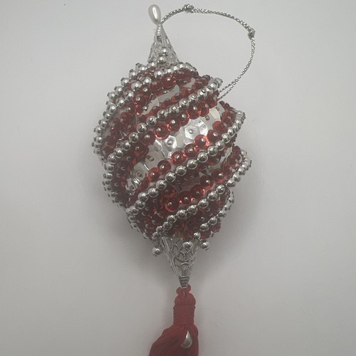 Vintage Push Pin Ornament Ball Sequin Beaded Red Christmas 8” Ornament - Picture 2 of 8