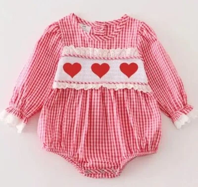 Boutique Valentine's Day Smocked Heart Baby Girls Red Bubble Romper Jumpsuit