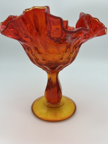Vintage Fenton Amberina Glass Ruffled Thumbprint Pedestal Compote Candy Dish - Picture 3 of 8