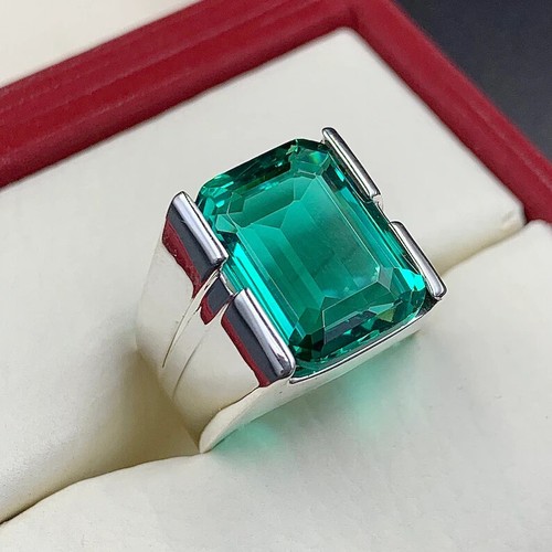 Emerald Cut 12 Carat Rich Green Emerald Mens Square Shape Ring Sterling Silver 9 - Picture 5 of 7