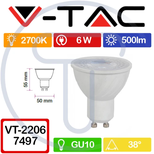 V-TAC VT-2206 7497 LED Spot GU10 6W 38° 2700K CRI 95