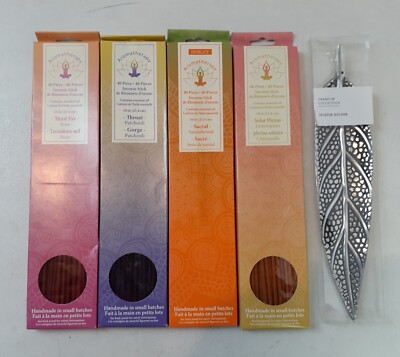 4 Aromatherapy Incense Sticks & Silver Premium Collection Feather Incense Holder