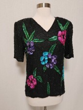 Womens 90s Vintage Fully Sequin Beaded Blouse Size Small Flowers Black