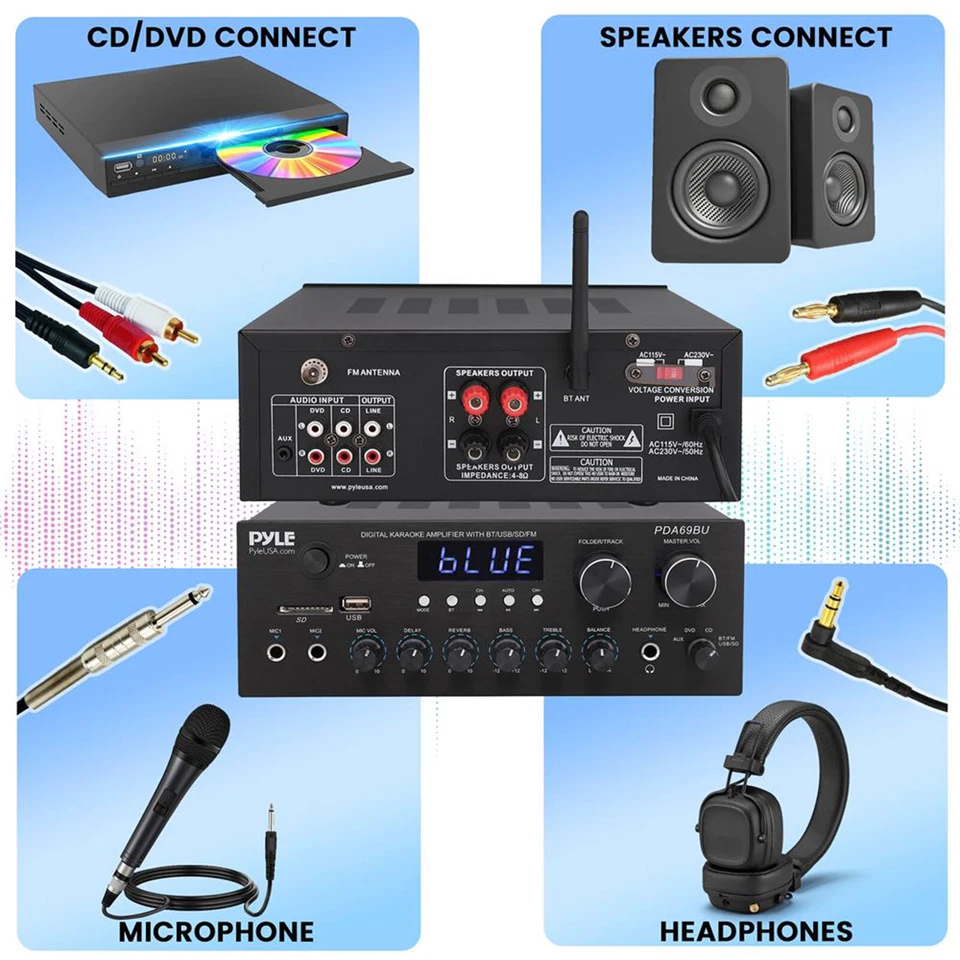 Pyle PDA69BU Bluetooth MP3 USB/SD/AUX FM Radio Stereo Amplifier Audio Receiver - Image 4 of 4