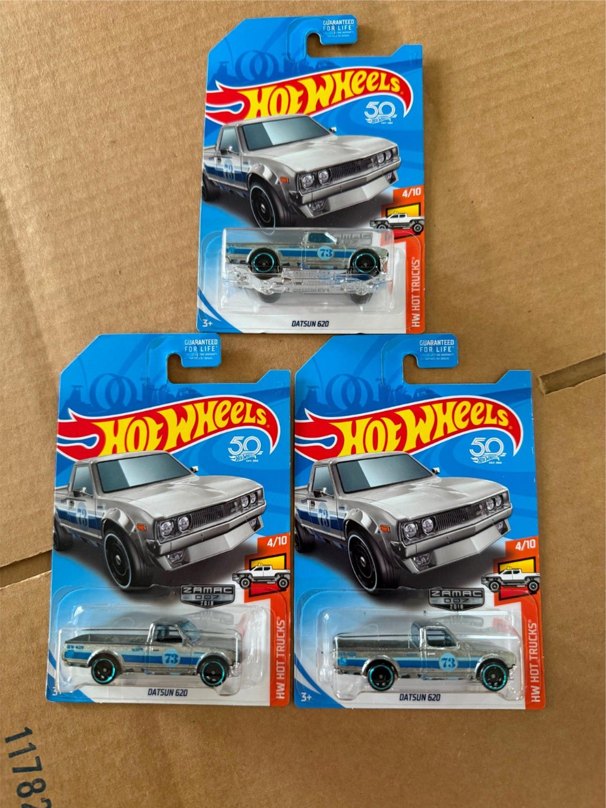 Hot Wheels 2018 HW Hot Trucks 4/10 ZAMAC Datsun 620 Silver Pickup Lot of 3 D11