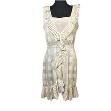 Tory Burch Dress Sz 6 Janetta Ruffle Pleated 100% Silk Tapioca Faux Wrap Midi