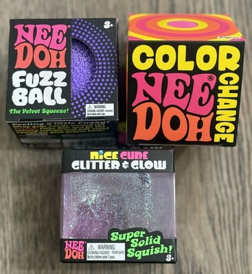 Schylling NeeDoh Lot Of 3 Color Changing Ball Glitter Glow Nice Cube & Fuzz Ball