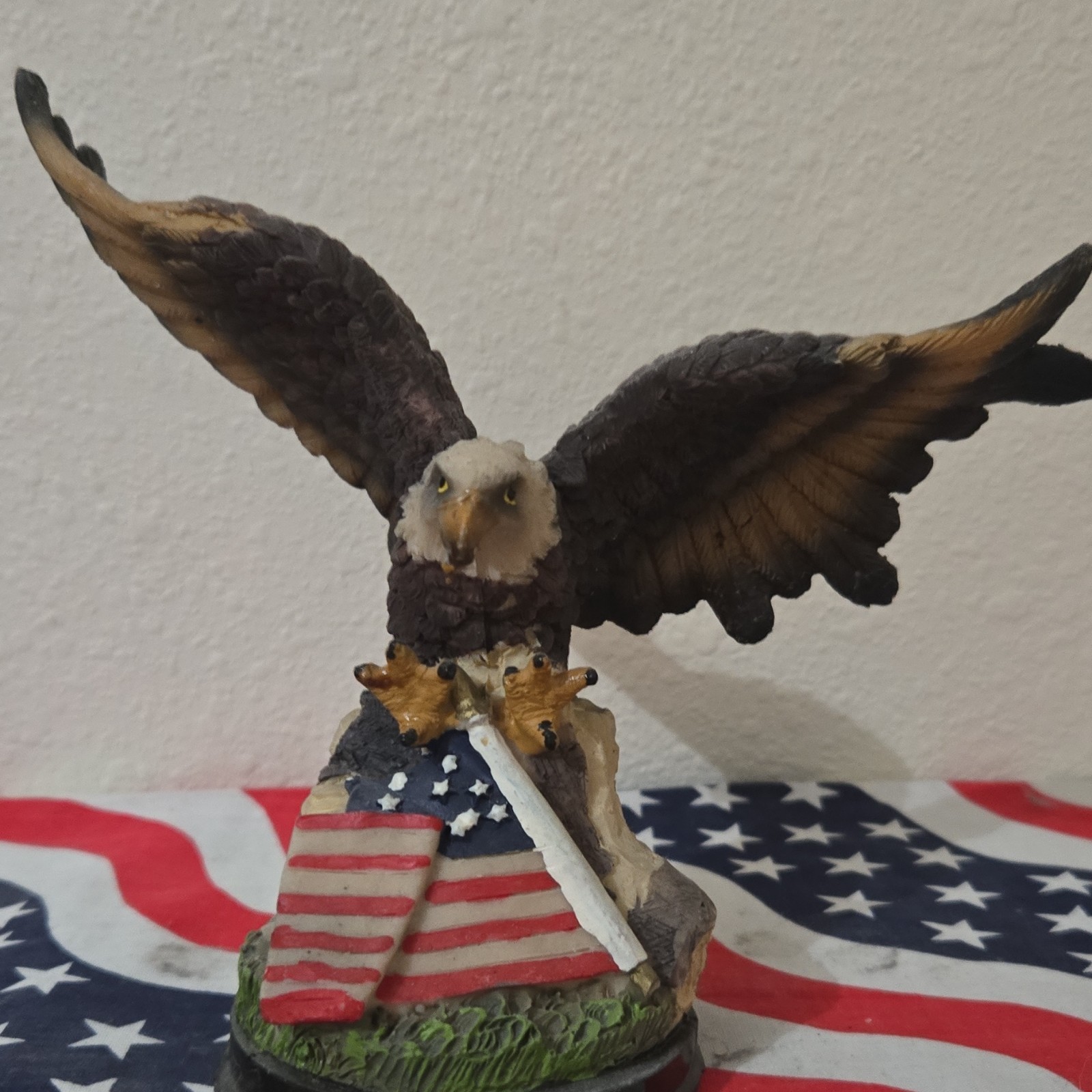 Eagle Resin Hand Painted Patriotic Figurine American Flag Stars Stripes Decor