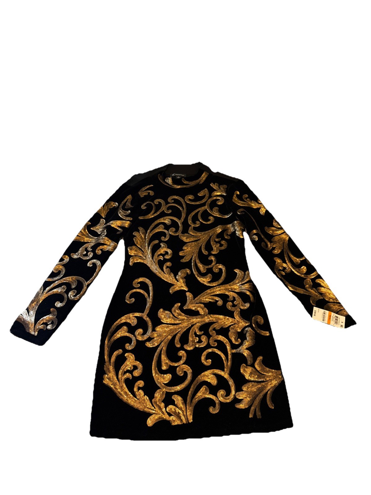 INC International Concepts Black Longsleeve Gold Velvet Embroidered Mini Dress S