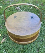 Vintage Hinged Sewing Box Wood Firkin Basket 15”W 6”H Spool Rack Pin Cushion