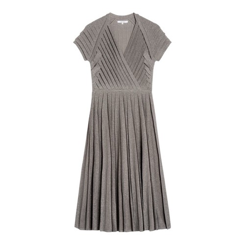 NWT The FOLD London Nara Dark Silver Metallic Knit Pleated Midi Dress US 6