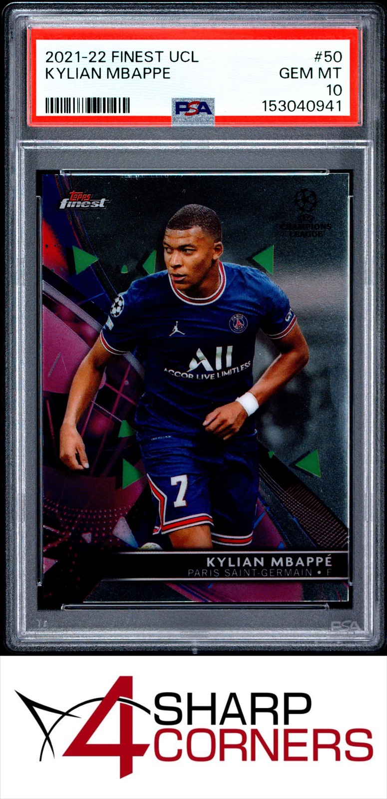 2021 TOPPS FINEST UEFA CHAMPIONS LEAGUE #50 KYLIAN MBAPPE PSA 10 view 1