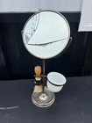 Vintage Shaving Stand w/ Mirror, Brush, & Milk Glass Mug Antique Home Decor