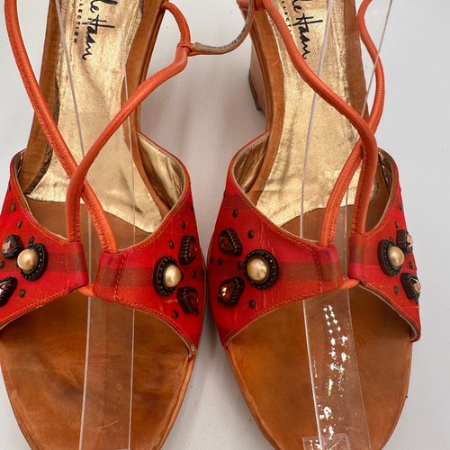 Cole Haan Red & Orange Slingback Retro Disco Wooden Heel Wedge Sandals Size 10.5 - Picture 5 of 9
