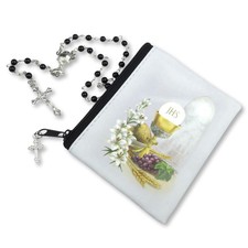 First Communion Rosary Gift Set, Black Glass Beads with Vinyl Case, Cross Charm,