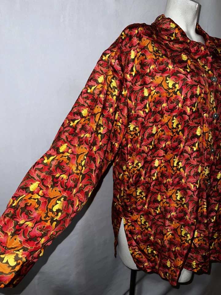 Blusa Melrose Silk Studio Top Mujer Talla 2X Marrón Naranja Rojo Seda Abotonada LS Foto 3 de 4