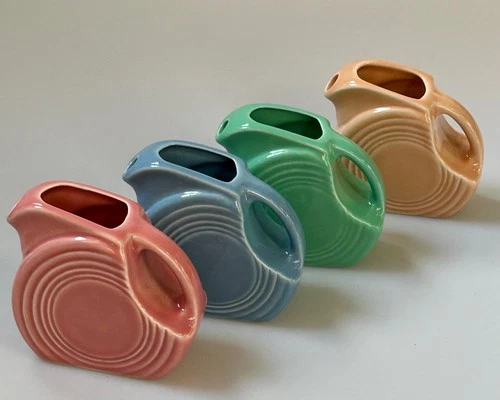 4 Fiesta Mini Disc Pitchers: Apricot, Rose , Sea Mist Green, Blue  HLC USA 2005