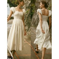 Doen Katherina Smocked Bodice Puff Sleeve Midi Dress in Salt