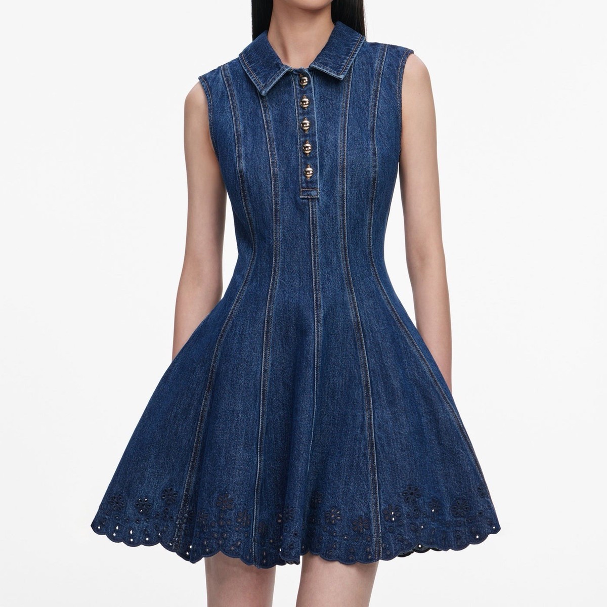 self portrait denim dress self-portrait - Crystal Trim Mini front closure adds a trendy detail to this classic piece Self-portrait Denim Zip Mini Dress