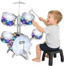 Kids Drum Set for Toddlers 1-3, 5-Piece Light Up Jazz Drum Kit with Stool
