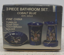 Vtg Japan Cobalt Blue Floral Ceramic Bathroom 2pc Set Toothbrush Holder soapDish