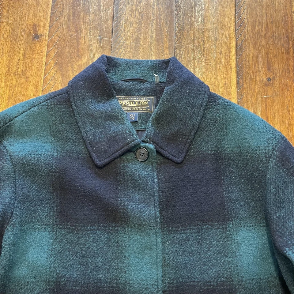 Pendleton Mercer Island Mujer XL Verde Azul Cuadros Lana Coche Abrigo Cuero Borde Foto 3 de 4